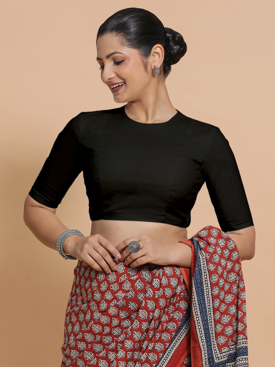 Suhana x Rozaana Saree Blouse, in Black Cotton, featuring elbow sleeves and jewel neckline, made for daily & work (view 8).