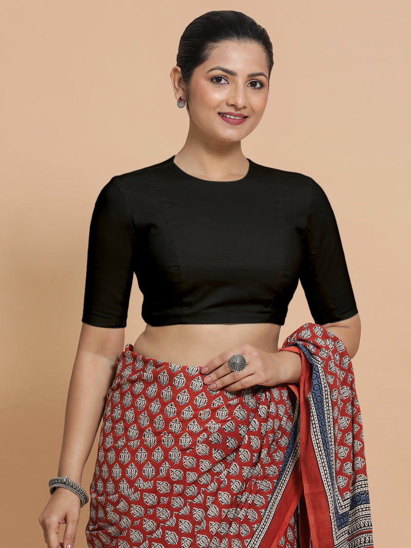 Suhana x Rozaana | Jewel Neck Black Plain Cotton Saree Blouse-Binks