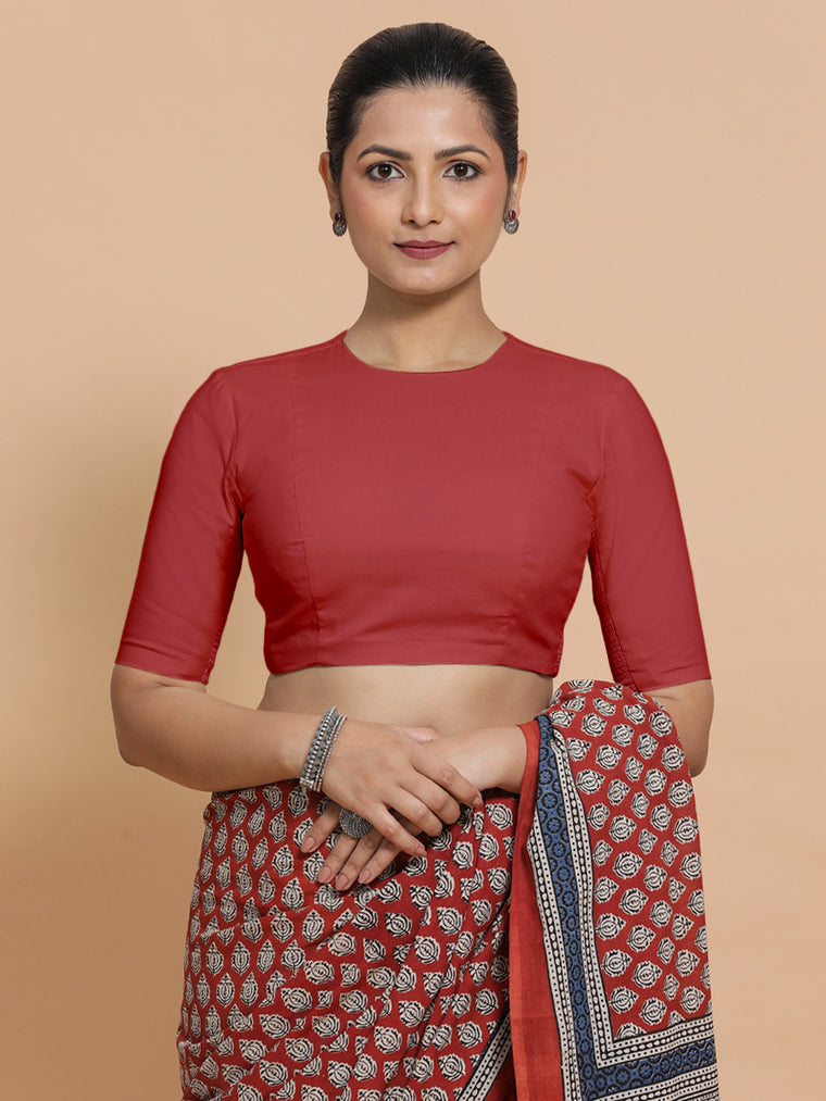 Suhana x Rozaana Saree Blouse, in Red 100% Cotton - Solid, featuring elbow sleeves and jewel neckline, made for daily & work.