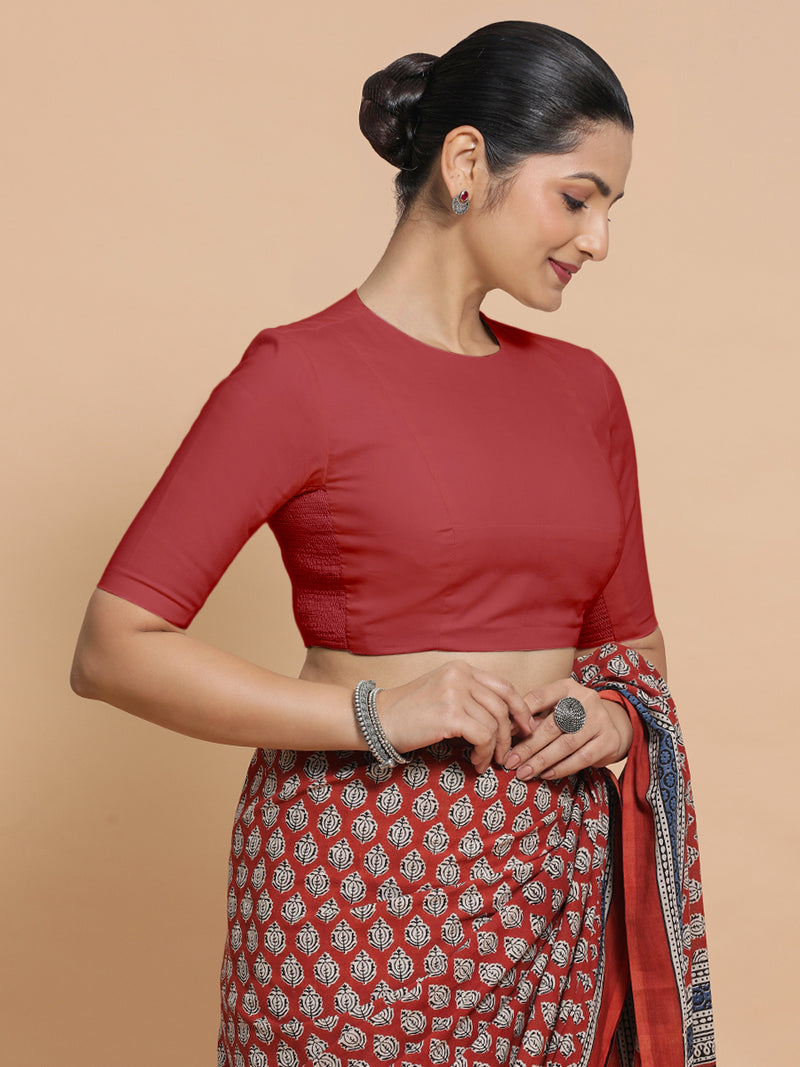 Suhana x Rozaana | Elbow Sleeves Saree Blouse in Carmine Red Plain Cotton-Binks