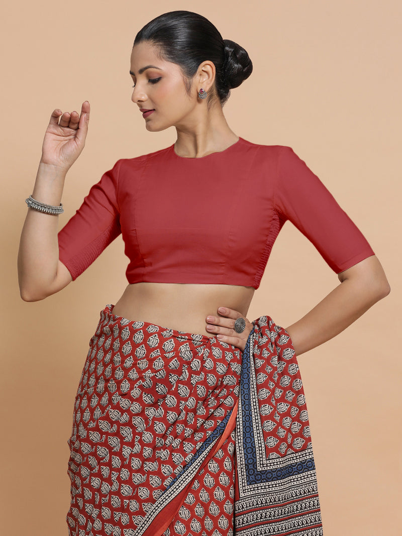 Suhana x Rozaana | Elbow Sleeves Saree Blouse in Carmine Red Plain Cotton-Binks