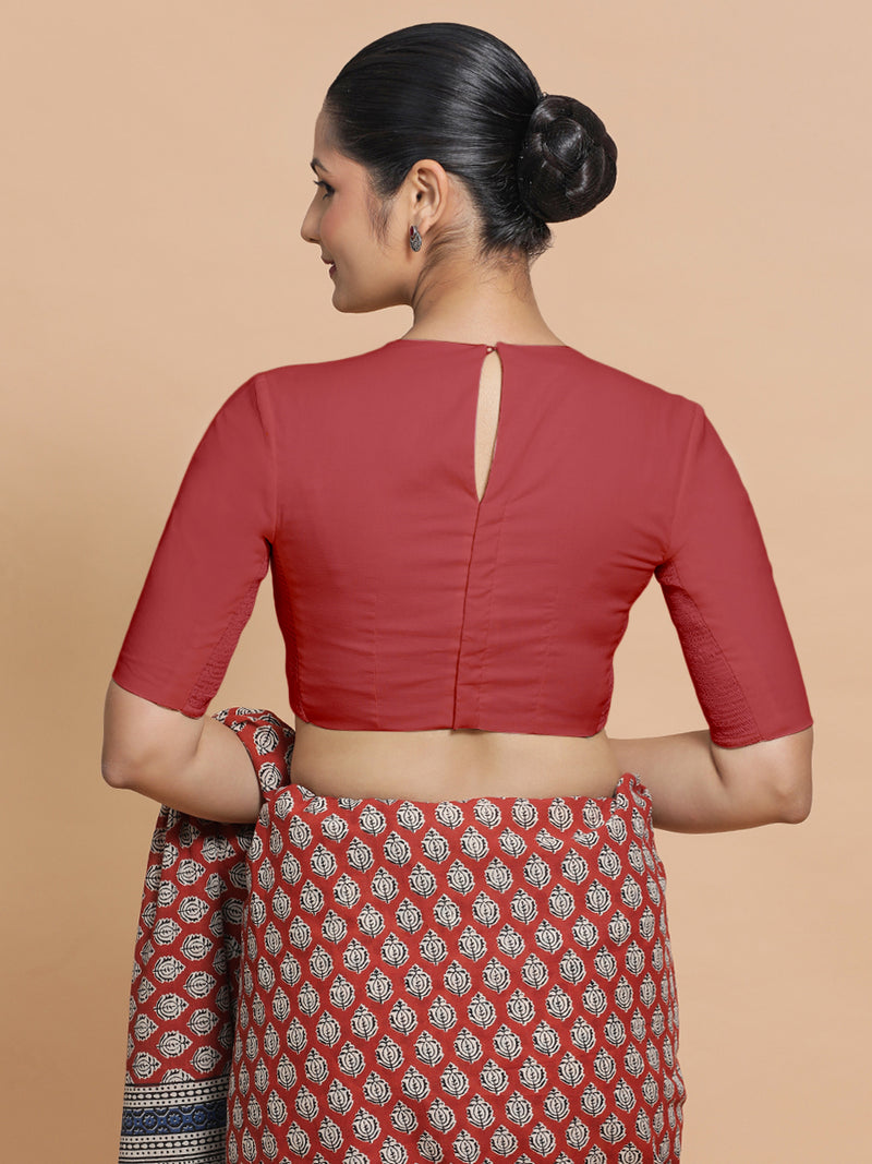 Suhana x Rozaana | Elbow Sleeves Saree Blouse in Carmine Red Plain Cotton-Binks