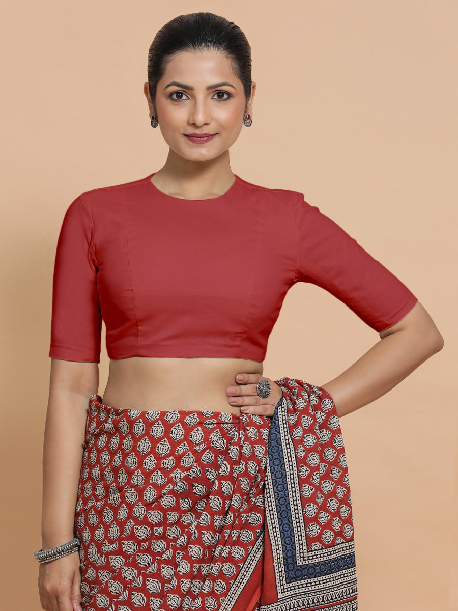 Suhana x Rozaana Saree Blouse, in Red 100% Cotton - Solid, featuring elbow sleeves and jewel neckline, made for daily & work.