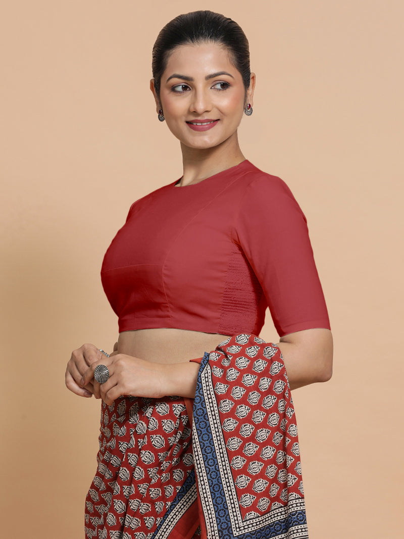 Suhana x Rozaana | Elbow Sleeves Saree Blouse in Carmine Red Plain Cotton-Binks