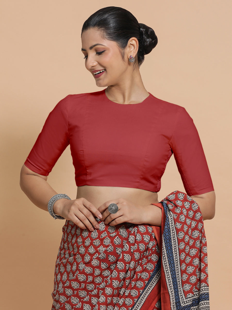 Suhana x Rozaana Saree Blouse, in Red 100% Cotton - Solid, featuring elbow sleeves and jewel neckline, made for daily & work.