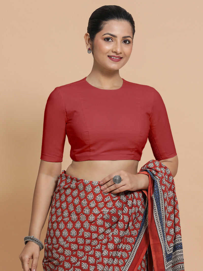 Suhana x Rozaana | Elbow Sleeves Saree Blouse in Carmine Red Plain Cotton-Binks