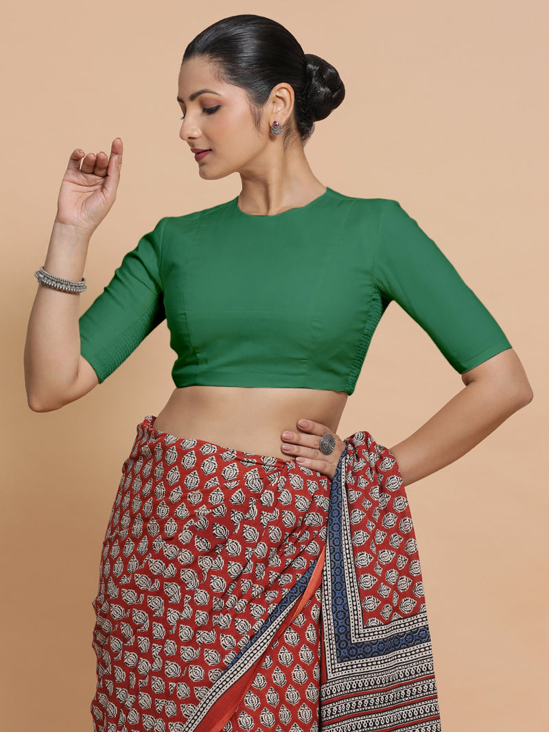 Suhana x Rozaana | Elbow Sleeves Saree Blouse in Castleton Green Plain Cotton-Binks