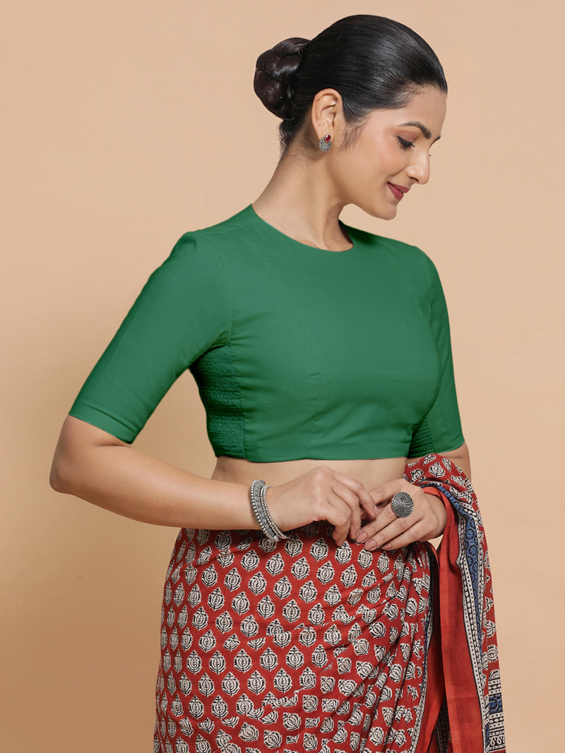 Suhana x Rozaana | Elbow Sleeves Saree Blouse in Castleton Green Plain Cotton-Binks