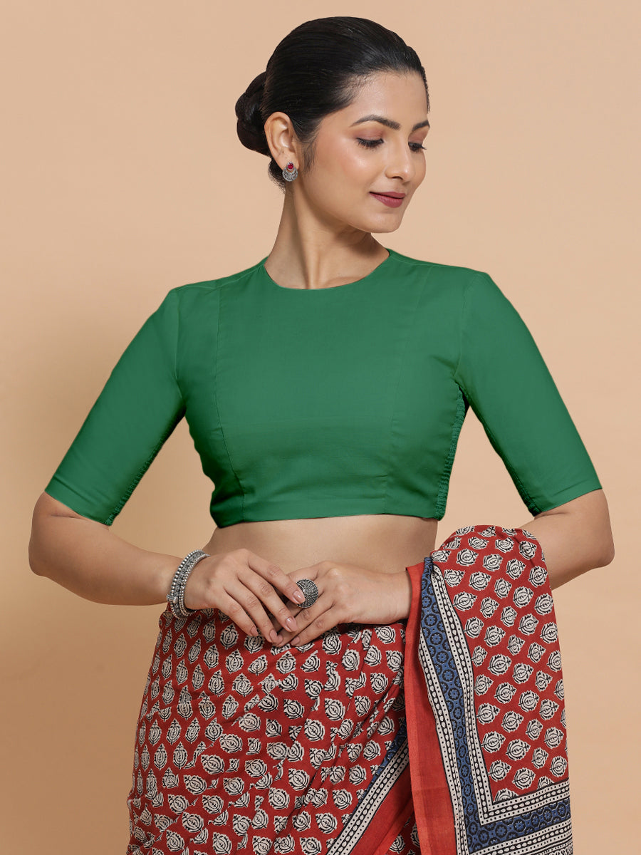 Suhana x Rozaana Saree Blouse, in Green 100% Cotton - Solid, featuring elbow sleeves and jewel neckline (view 5).