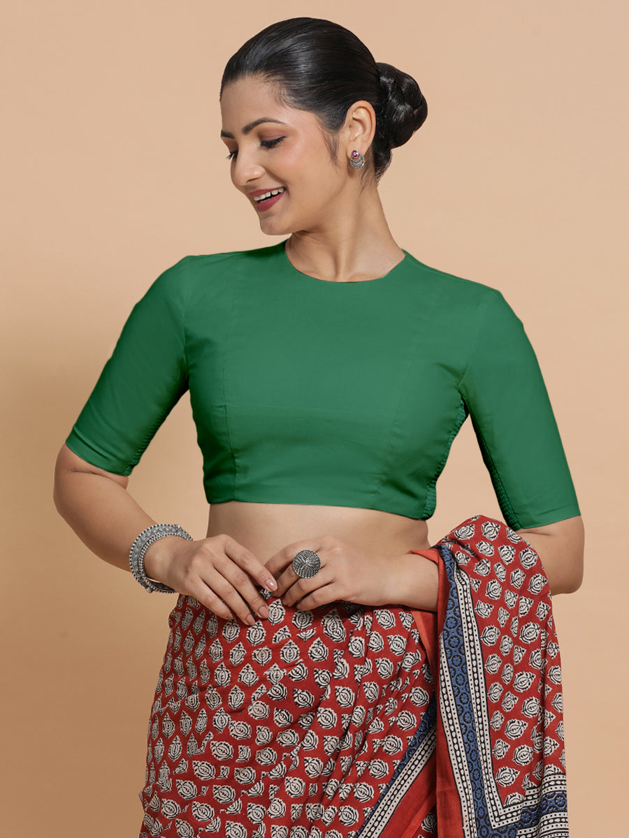 Suhana x Rozaana Saree Blouse, in Green 100% Cotton - Solid, featuring elbow sleeves and jewel neckline (view 8).