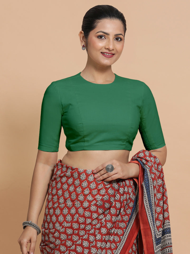 Suhana x Rozaana | Elbow Sleeves Saree Blouse in Castleton Green Plain Cotton-Binks