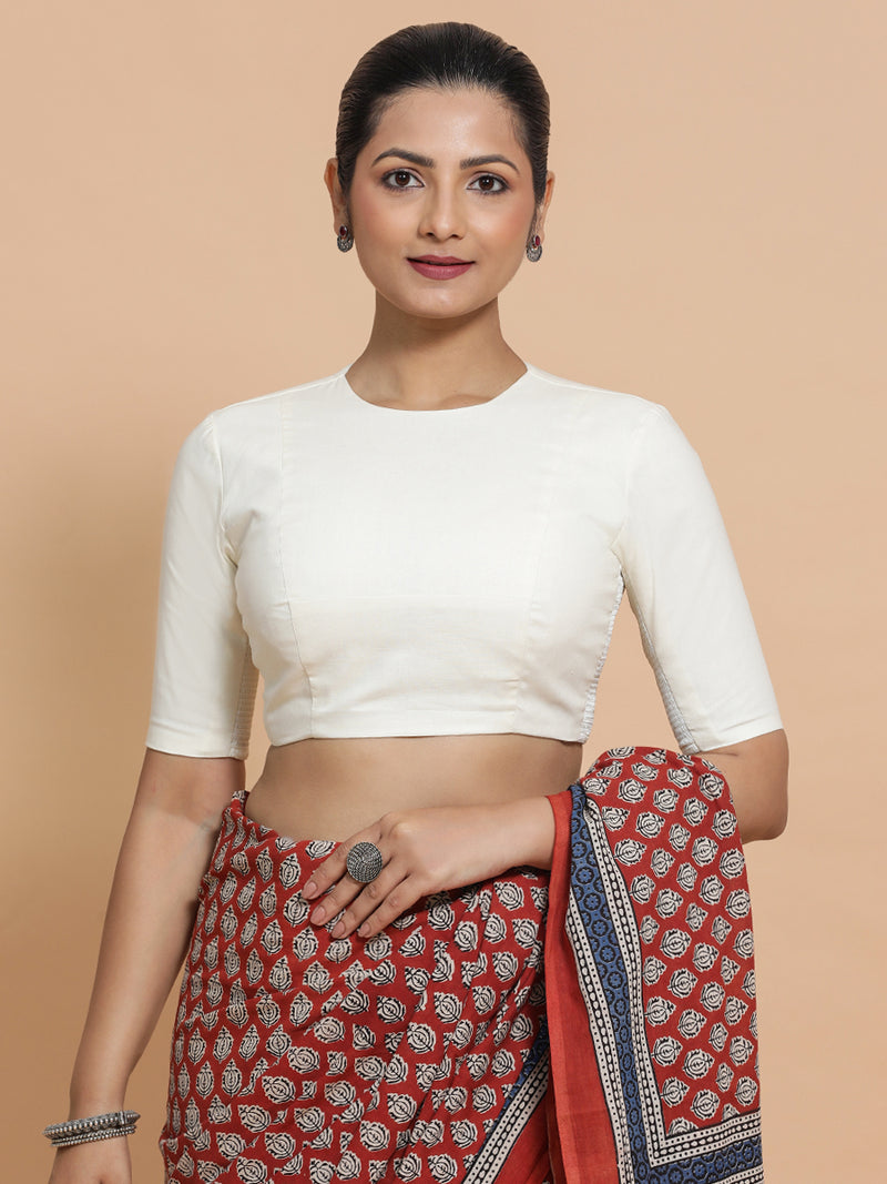 Suhana x Rozaana | Jewel Neck Ivory Mist Plain Cotton Saree Blouse-Binks