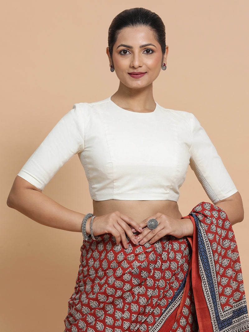 Suhana x Rozaana | Jewel Neck Ivory Mist Plain Cotton Saree Blouse-Binks