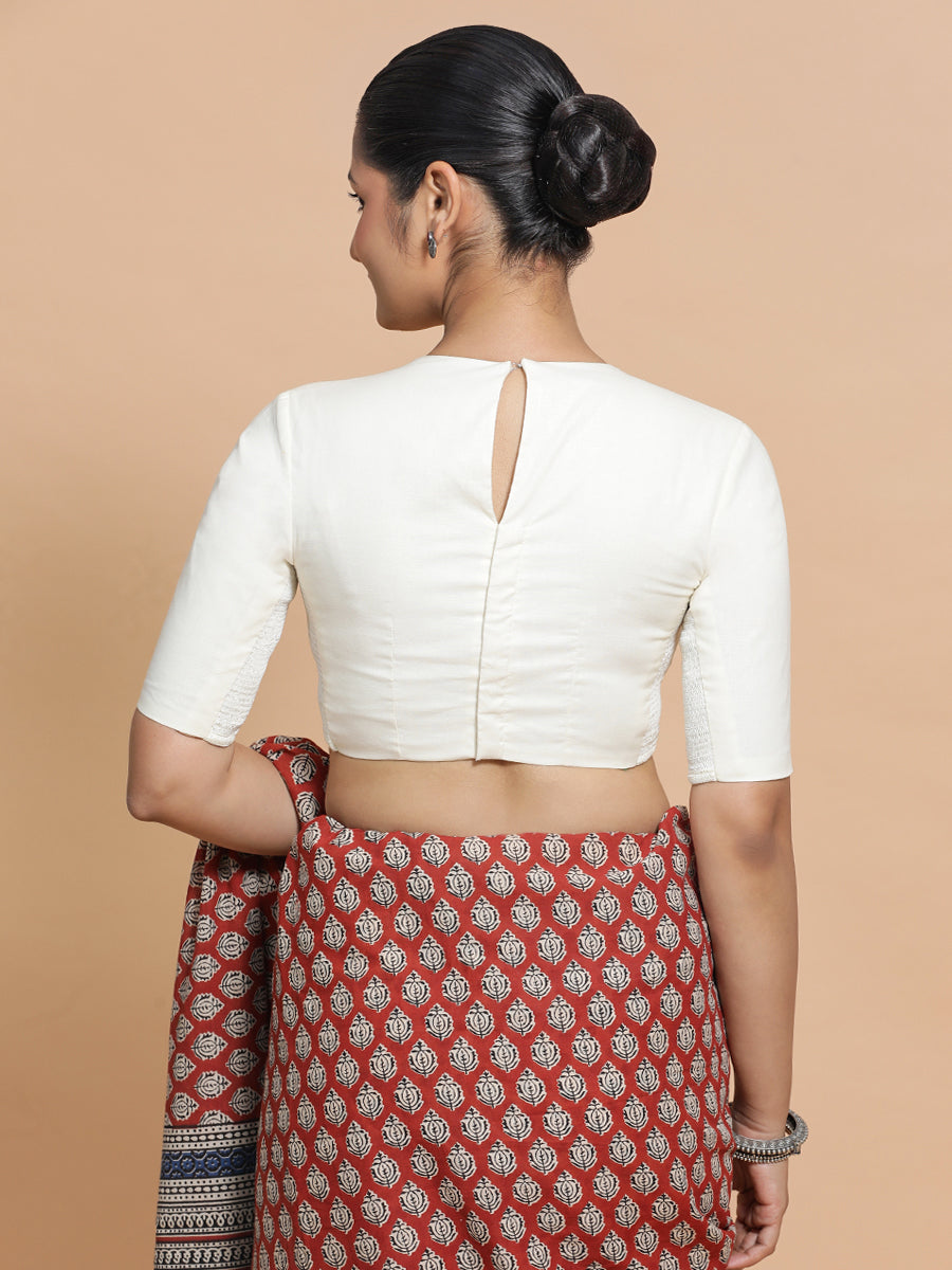 Suhana x Rozaana Saree Blouse, in Cream Cotton, featuring elbow sleeves and jewel neckline, made for daily & work (view 2).