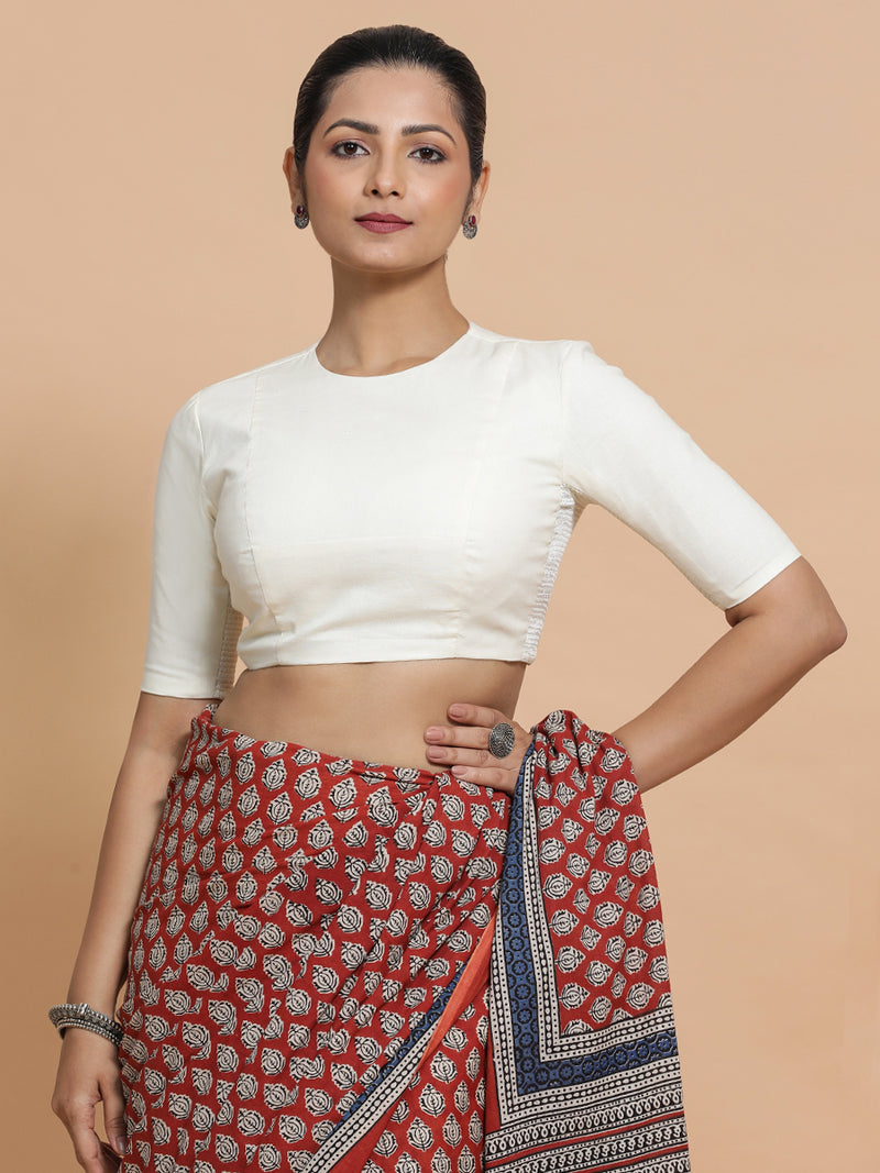 Suhana x Rozaana | Jewel Neck Ivory Mist Plain Cotton Saree Blouse-Binks