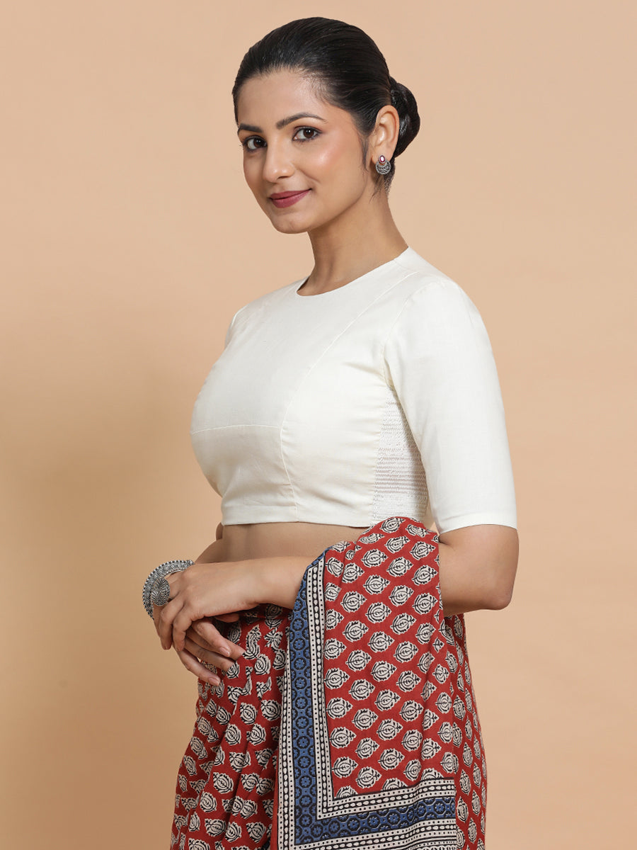 Suhana x Rozaana Saree Blouse, in Cream Cotton, featuring elbow sleeves and jewel neckline, made for daily & work (view 6).