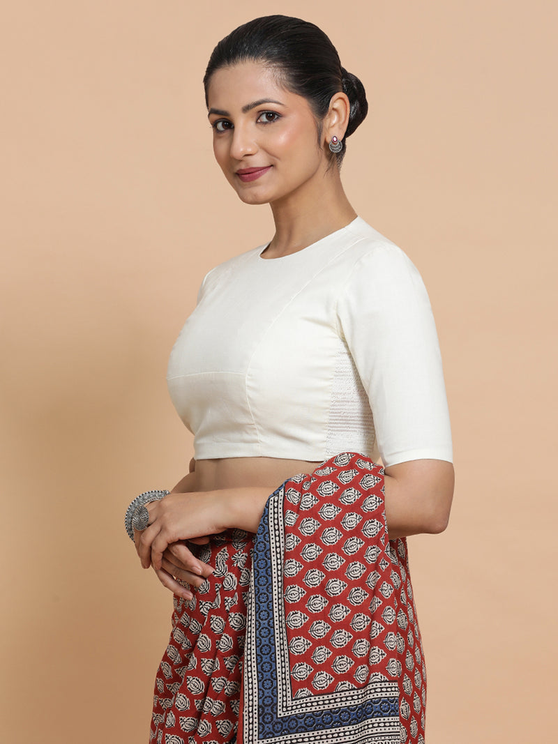 Suhana x Rozaana | Jewel Neck Ivory Mist Plain Cotton Saree Blouse-Binks