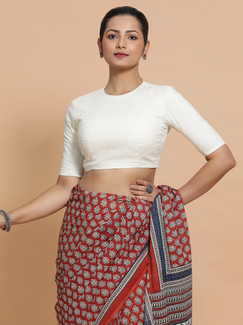 Suhana x Rozaana | Jewel Neck Ivory Mist Plain Cotton Saree Blouse-Binks