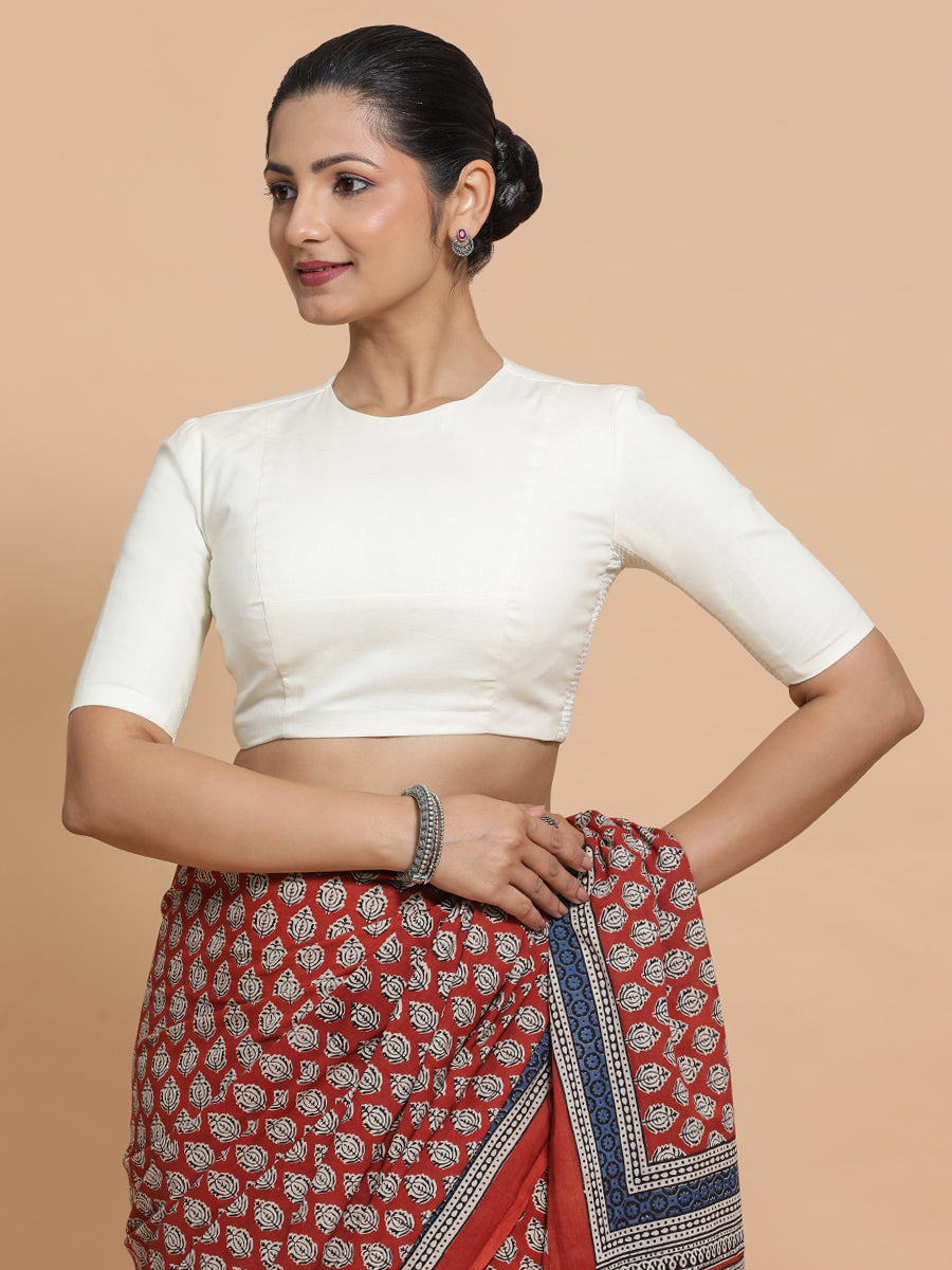 Suhana x Rozaana Saree Blouse, in Cream Cotton, featuring elbow sleeves and jewel neckline, made for daily & work (view 8).