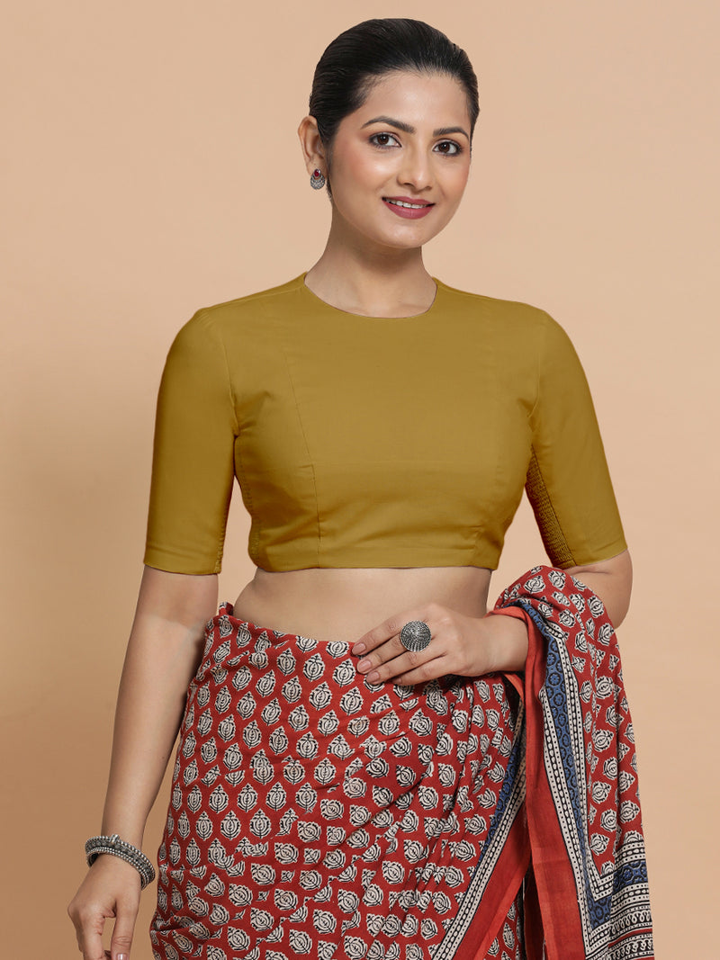 Suhana x Rozaana | Jewel Neck Khaki Plain Cotton Saree Blouse-Binks
