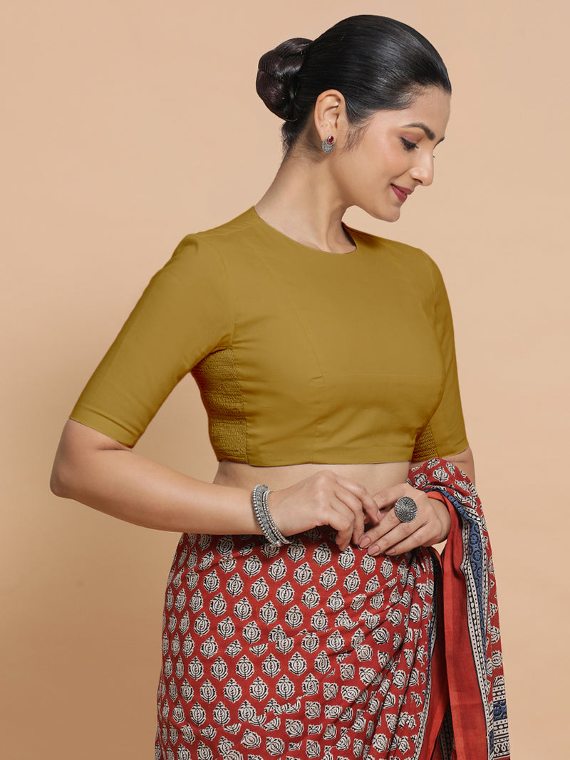 Suhana x Rozaana | Jewel Neck Khaki Plain Cotton Saree Blouse-Binks