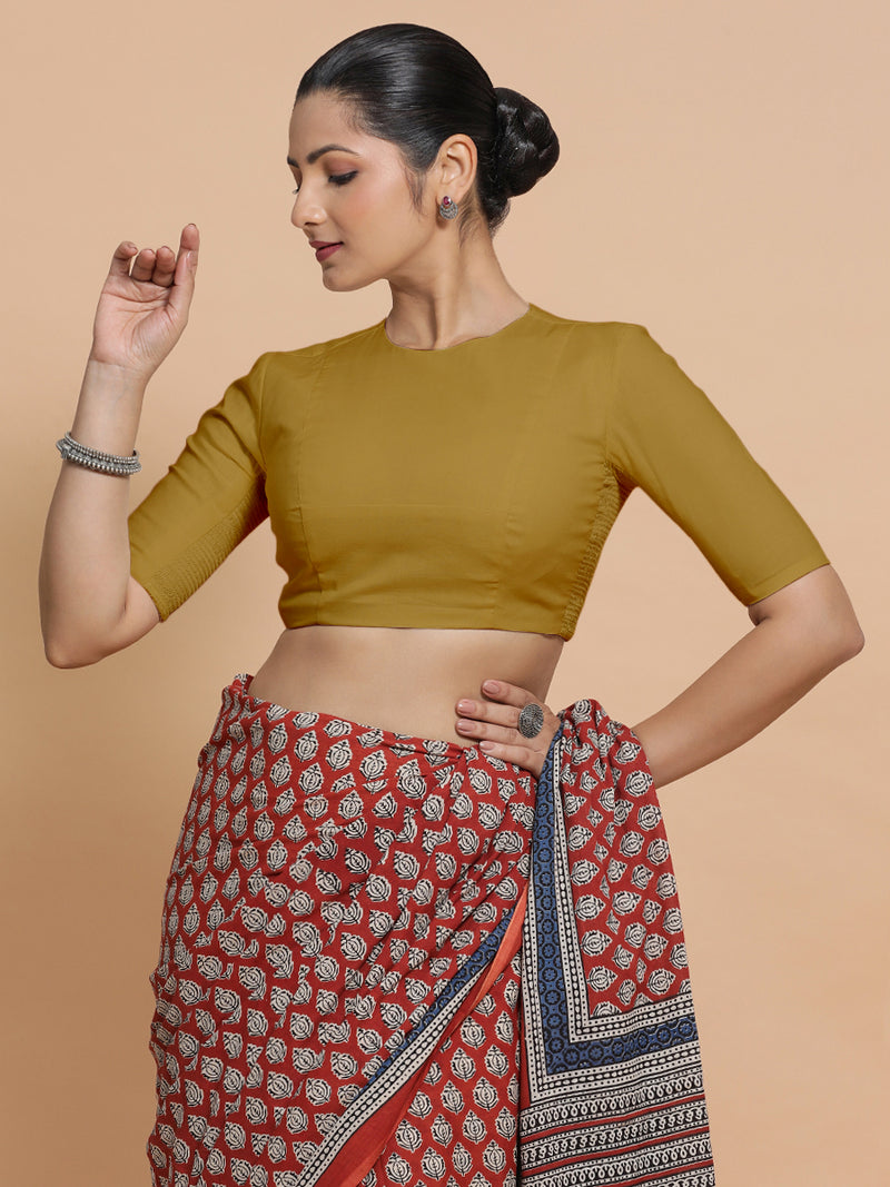 Suhana x Rozaana | Jewel Neck Khaki Plain Cotton Saree Blouse-Binks