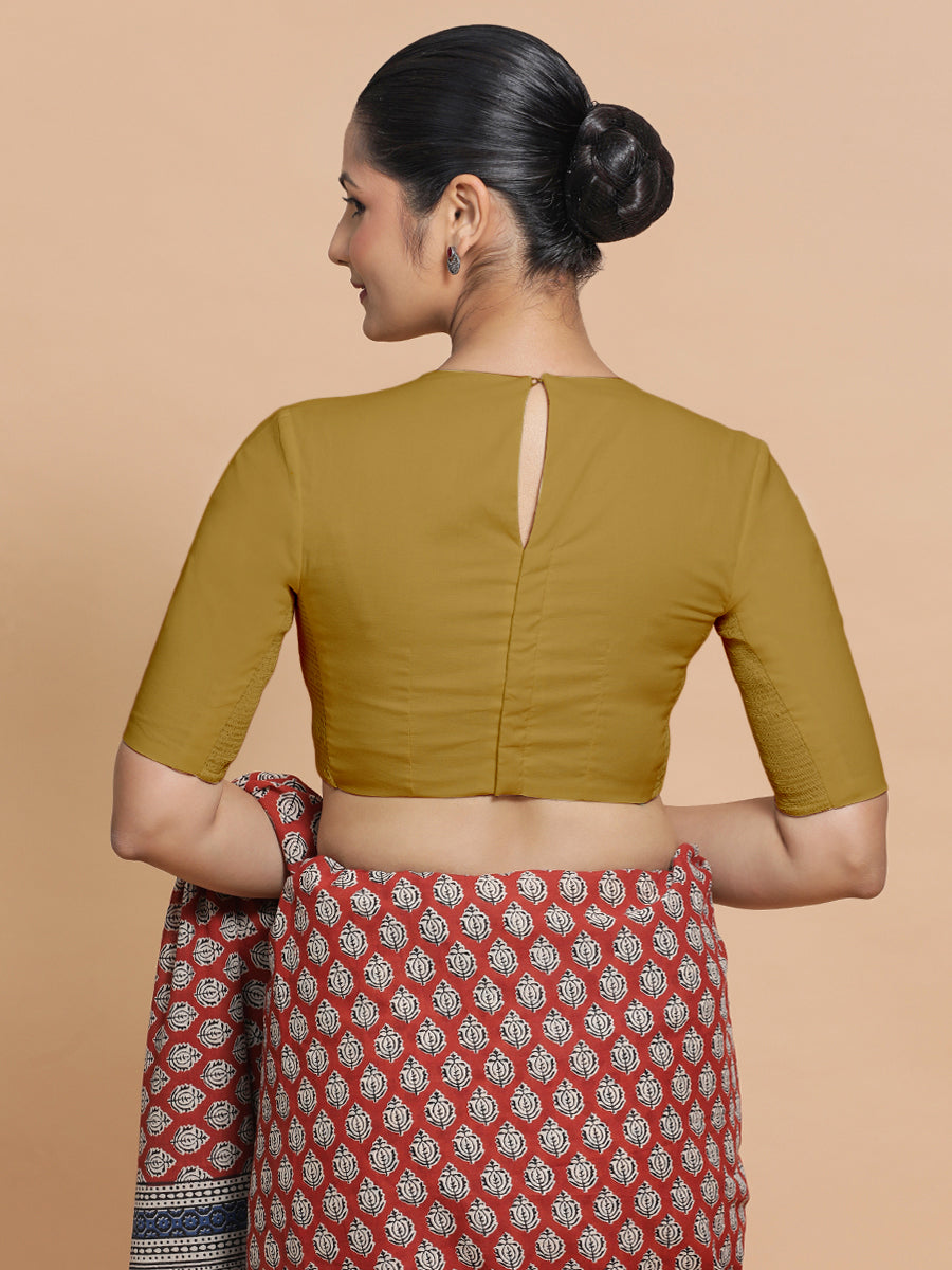 Suhana x Rozaana Saree Blouse, in Yellow Cotton, featuring elbow sleeves and jewel neckline, made for daily & work (view 2).