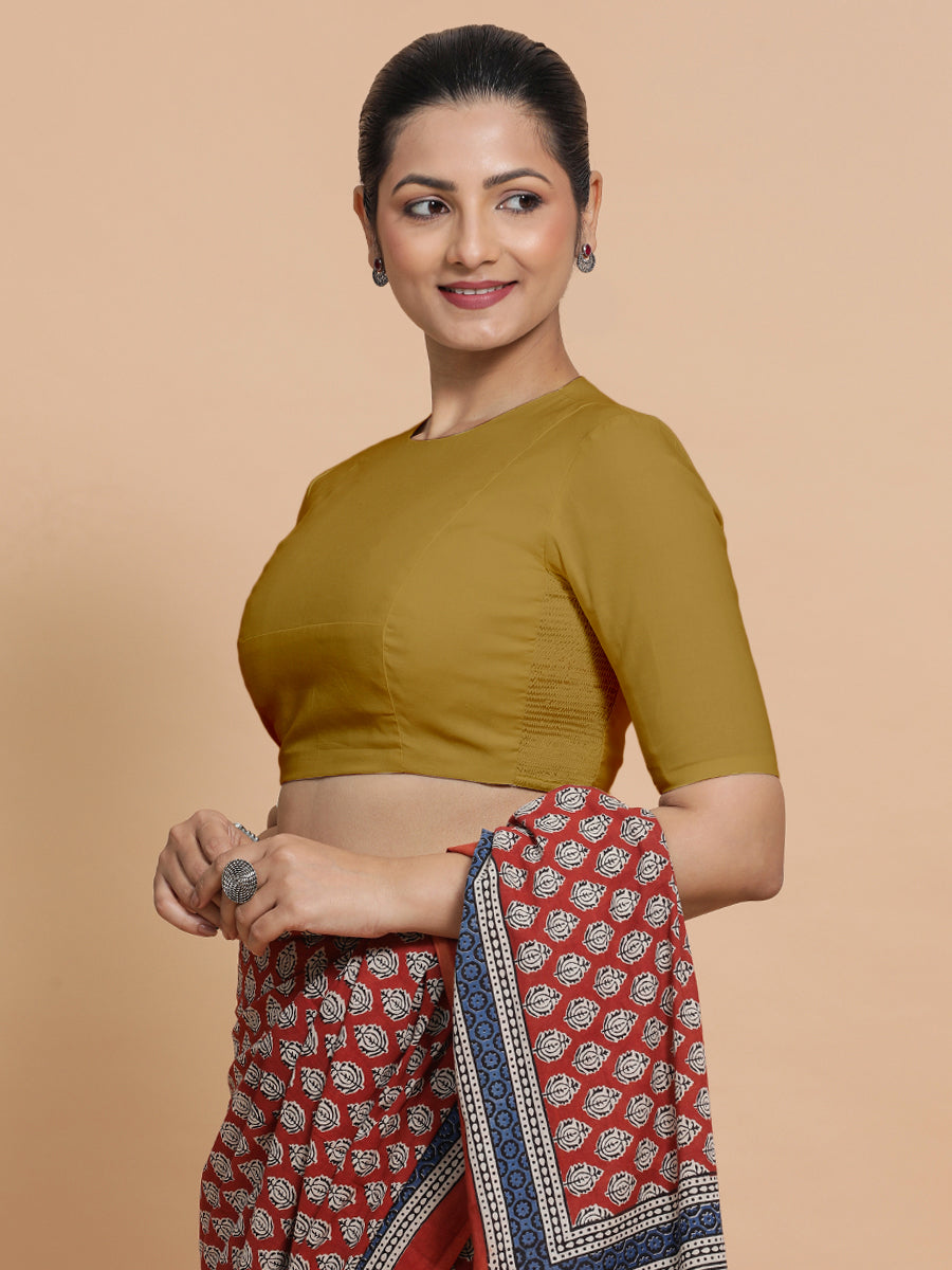 Suhana x Rozaana Saree Blouse, in Yellow Cotton, featuring elbow sleeves and jewel neckline, made for daily & work (view 8).