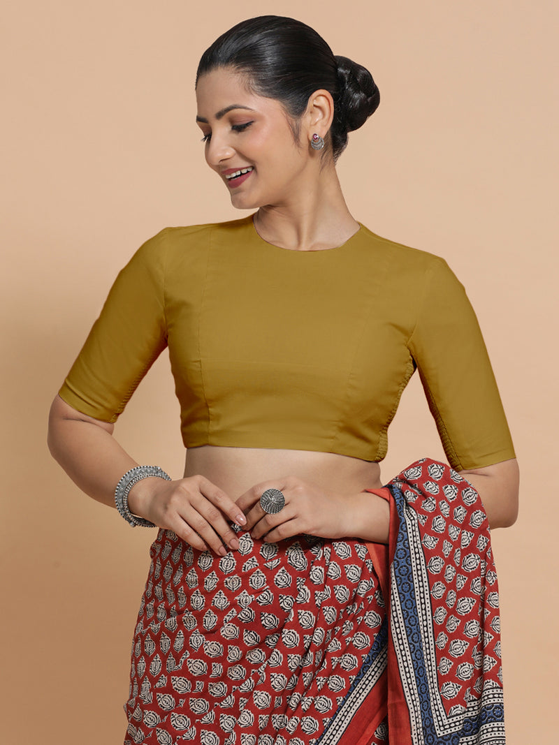Suhana x Rozaana | Jewel Neck Khaki Plain Cotton Saree Blouse-Binks