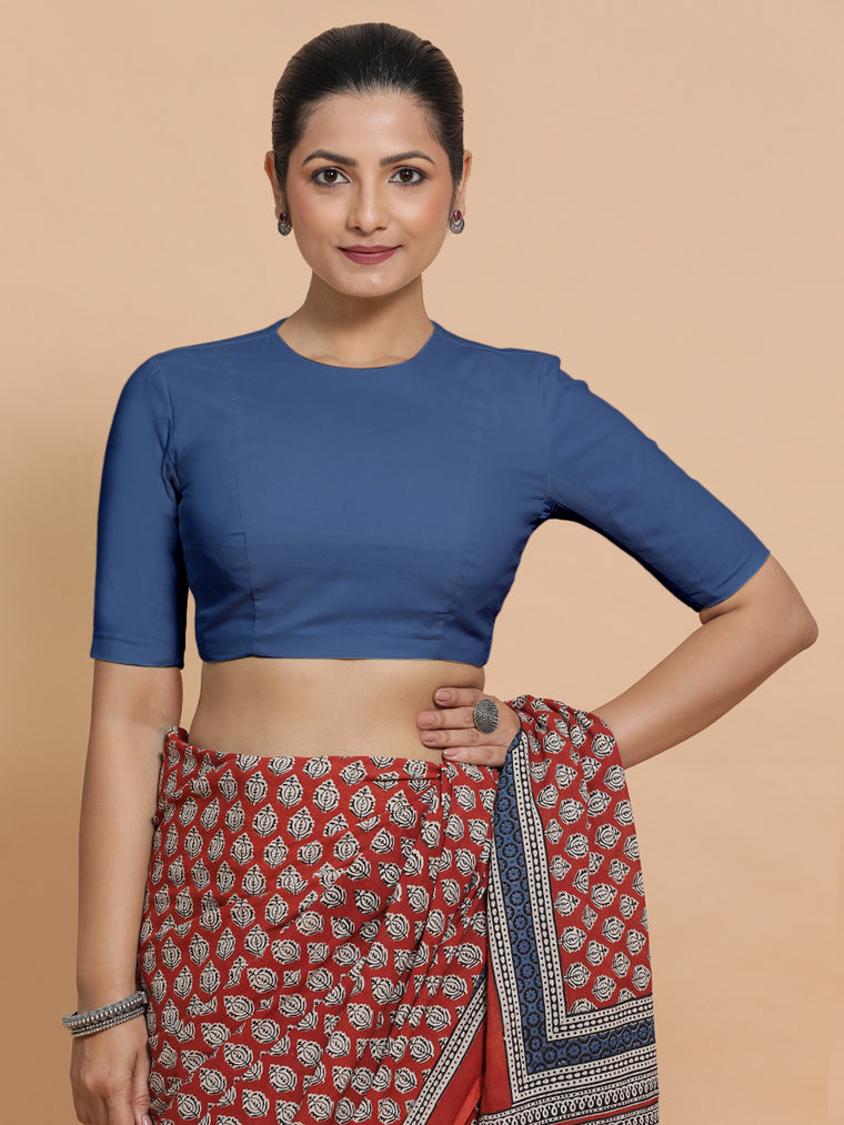 Suhana x Rozaana Saree Blouse, in Blue 100% Cotton - Solid, featuring elbow sleeves and jewel neckline.