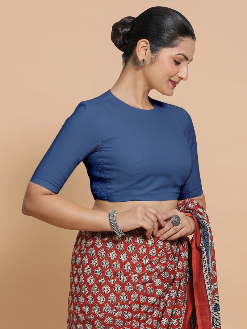 Suhana x Rozaana | Elbow Sleeves Saree Blouse in Lapis Blue Plain Cotton-Binks