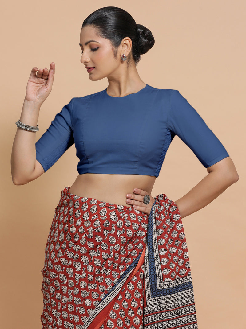 Suhana x Rozaana | Elbow Sleeves Saree Blouse in Lapis Blue Plain Cotton-Binks