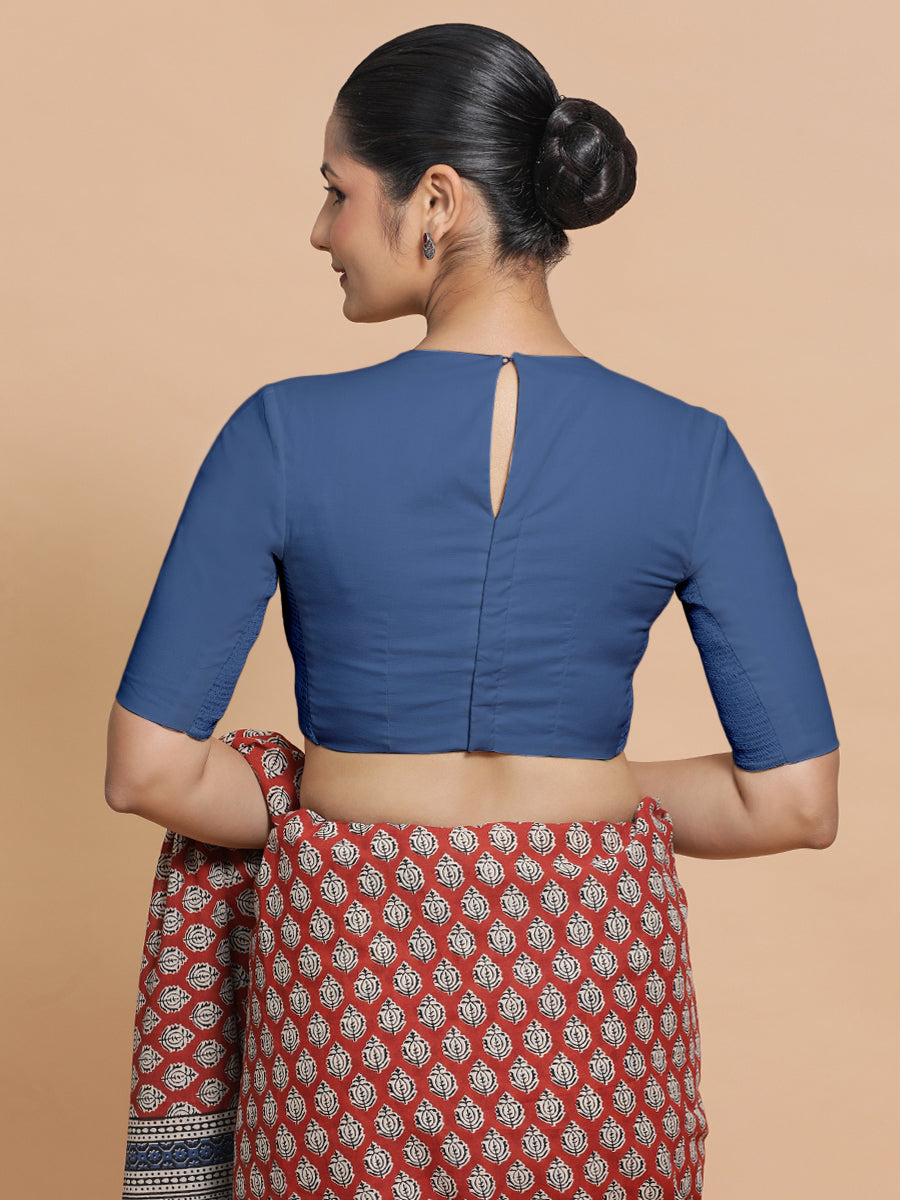 Suhana x Rozaana Saree Blouse, in Blue 100% Cotton - Solid, featuring elbow sleeves and jewel neckline (view 2).