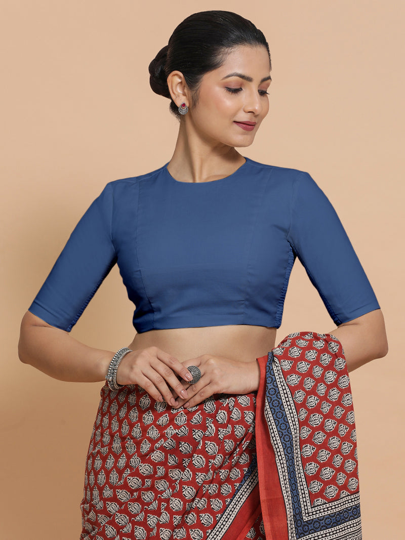Suhana x Rozaana | Elbow Sleeves Saree Blouse in Lapis Blue Plain Cotton-Binks