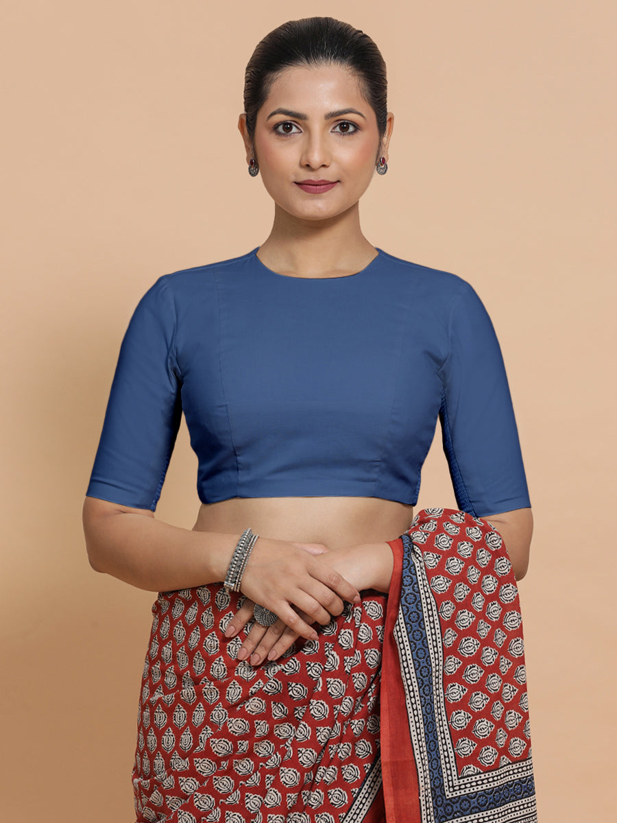Suhana x Rozaana Saree Blouse, in Blue 100% Cotton - Solid, featuring elbow sleeves and jewel neckline (view 6).