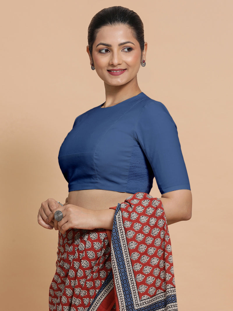 Suhana x Rozaana | Elbow Sleeves Saree Blouse in Lapis Blue Plain Cotton-Binks