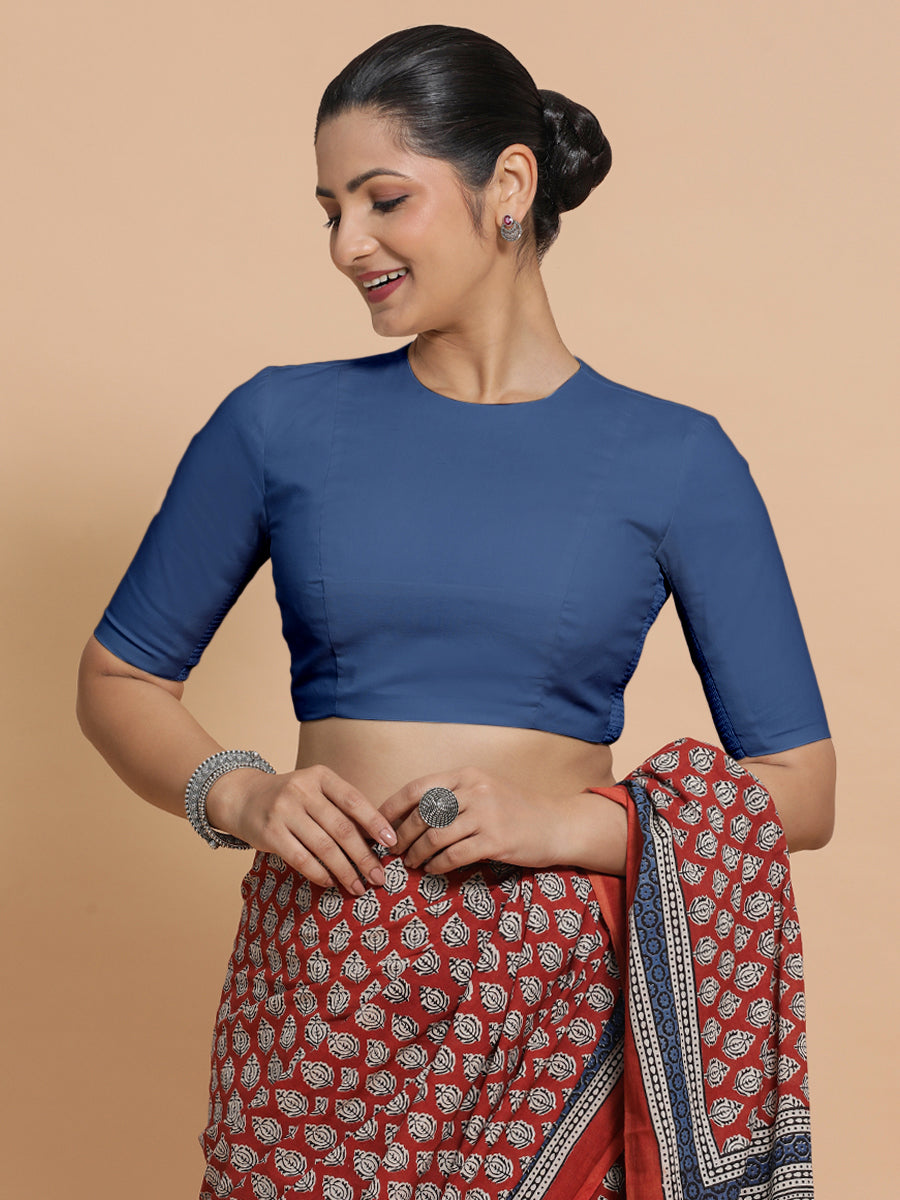 Suhana x Rozaana Saree Blouse, in Blue 100% Cotton - Solid, featuring elbow sleeves and jewel neckline (view 8).