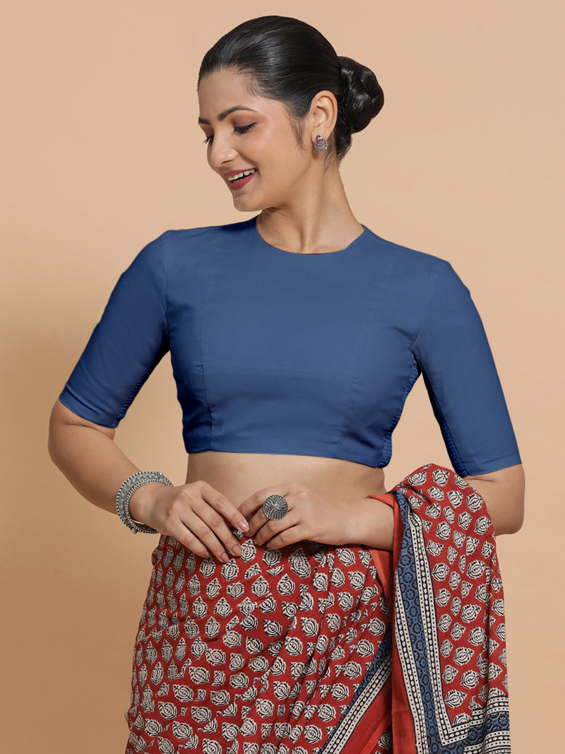 Suhana x Rozaana | Elbow Sleeves Saree Blouse in Lapis Blue Plain Cotton-Binks