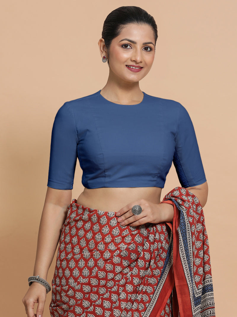 Suhana x Rozaana | Elbow Sleeves Saree Blouse in Lapis Blue Plain Cotton-Binks