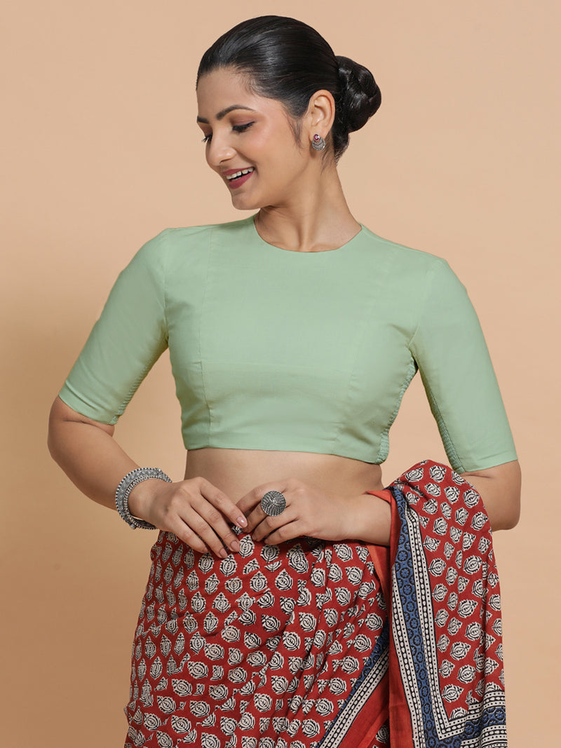 Suhana x Rozaana | Jewel Neck Light Sage Plain Cotton Saree Blouse-Binks