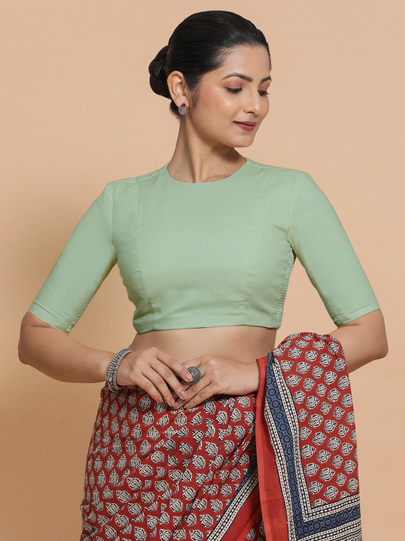 Suhana x Rozaana | Jewel Neck Light Sage Plain Cotton Saree Blouse-Binks