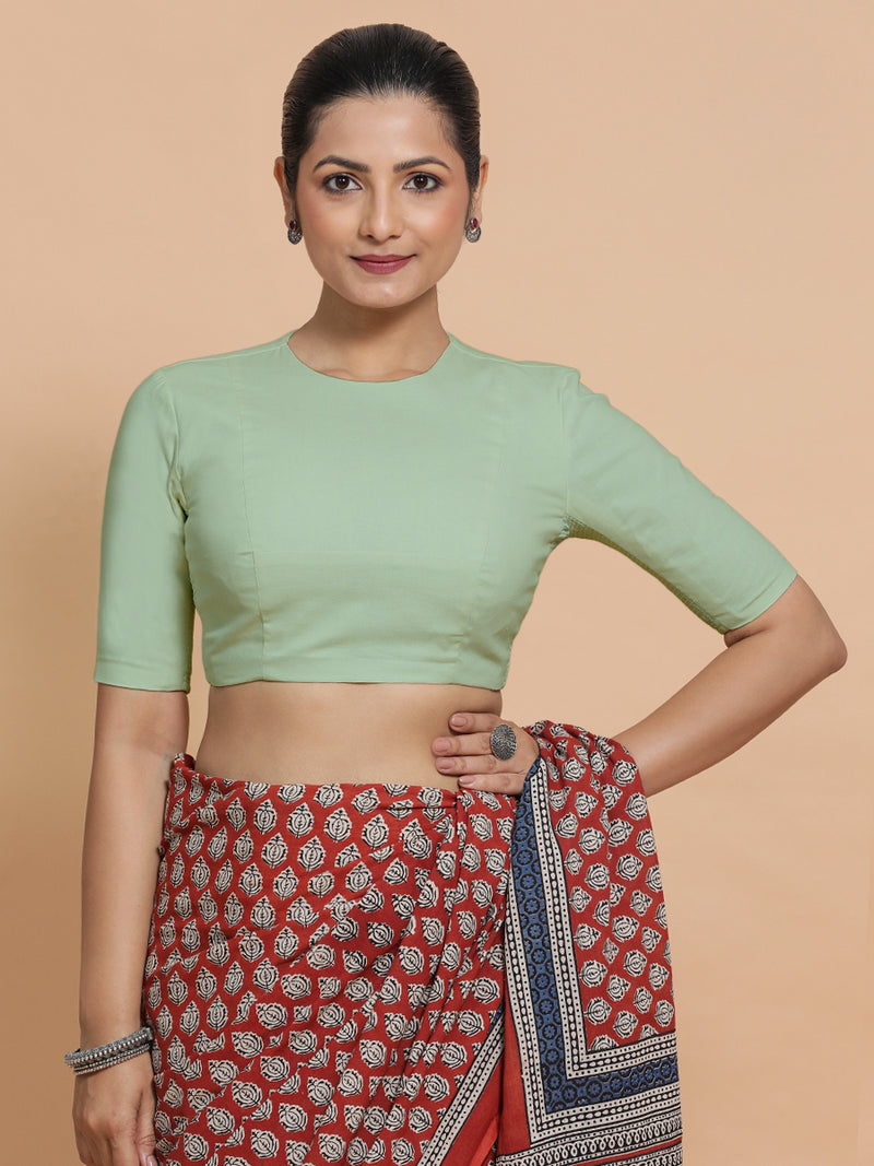 Suhana x Rozaana | Jewel Neck Light Sage Plain Cotton Saree Blouse-Binks