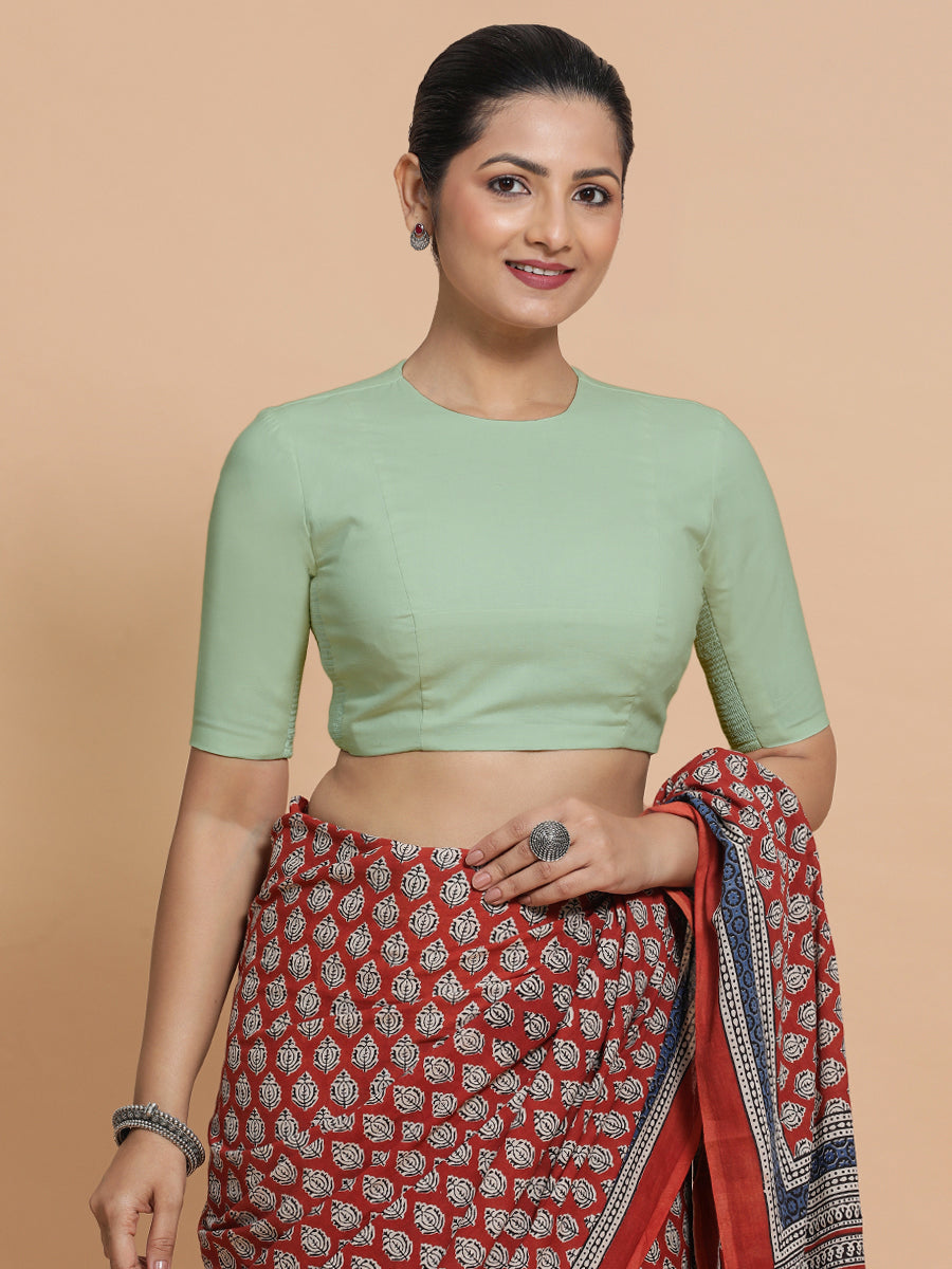 Suhana x Rozaana Saree Blouse, in Green Cotton, featuring elbow sleeves and jewel neckline, made for daily & work (view 7).
