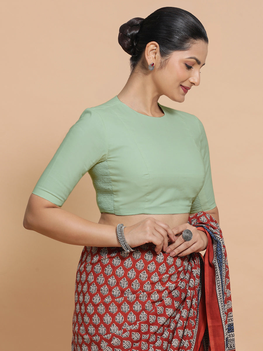 Suhana x Rozaana Saree Blouse, in Green Cotton, featuring elbow sleeves and jewel neckline, made for daily & work (view 8).