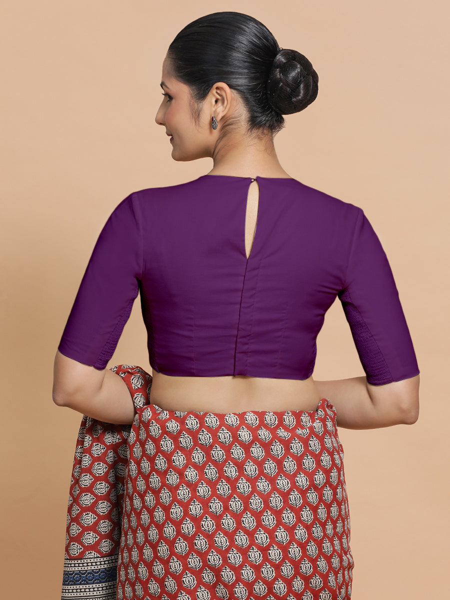 Suhana x Rozaana Saree Blouse, in Purple Cotton, featuring elbow sleeves and jewel neckline, made for daily & work (view 2).