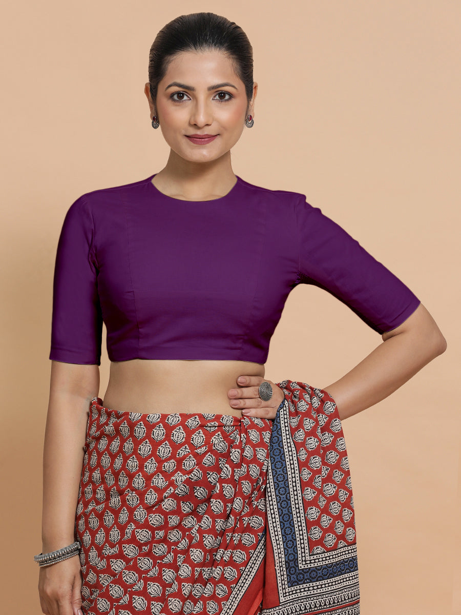 Suhana x Rozaana Saree Blouse, in Purple Cotton, featuring elbow sleeves and jewel neckline, made for daily & work (view 6).