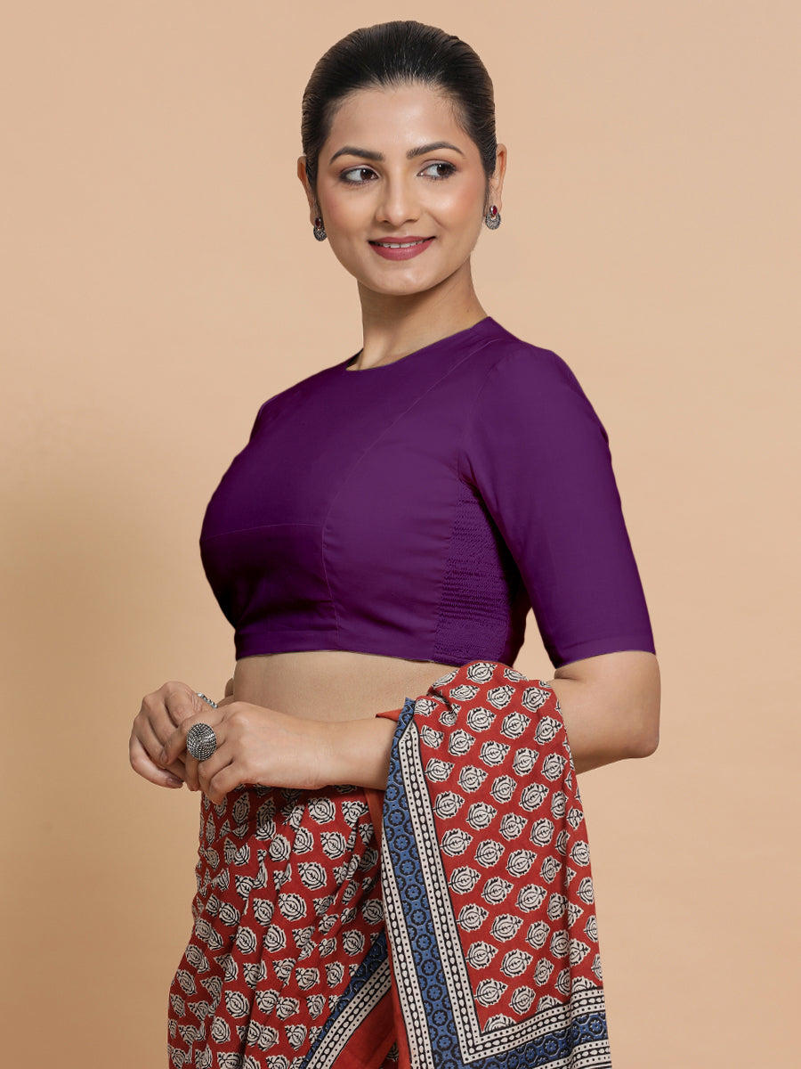 Suhana x Rozaana Saree Blouse, in Purple Cotton, featuring elbow sleeves and jewel neckline, made for daily & work (view 8).