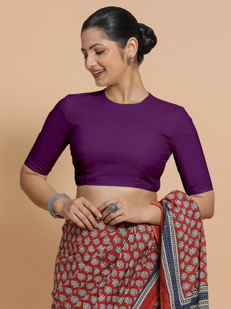 Suhana x Rozaana | Jewel Neck Magenta Bliss Plain Cotton Saree Blouse-Binks