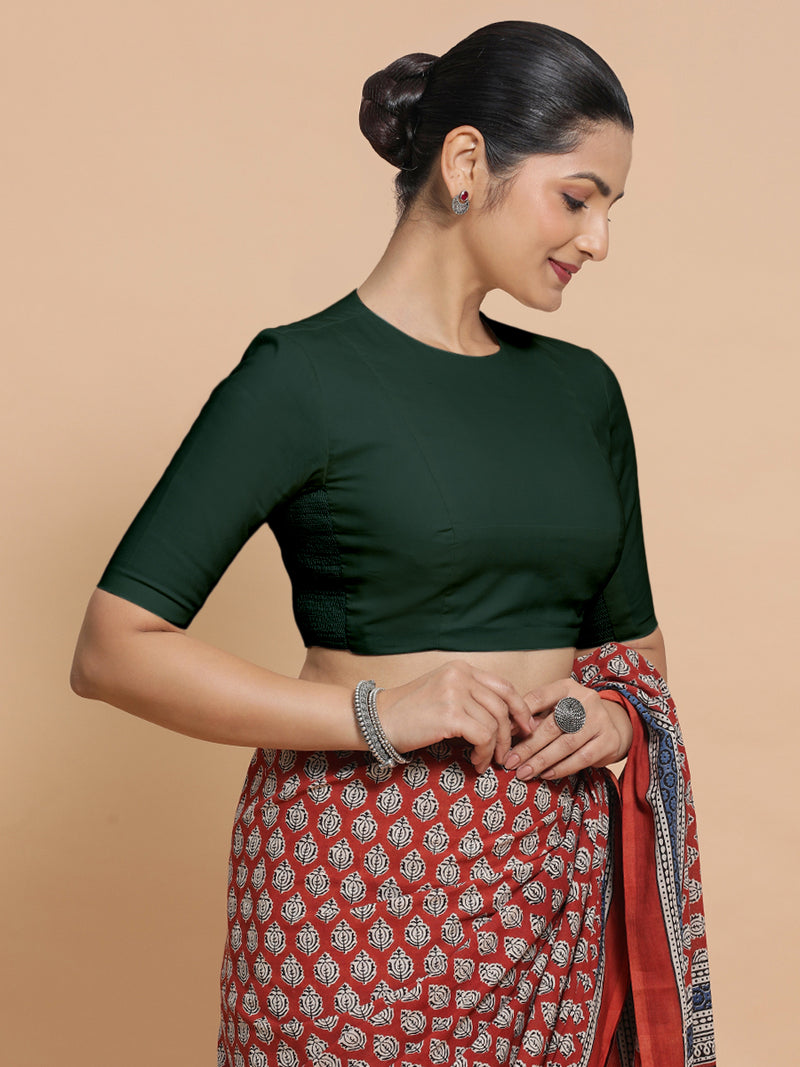 Suhana x Rozaana | Jewel Neck Moss Green Plain Cotton Saree Blouse-Binks