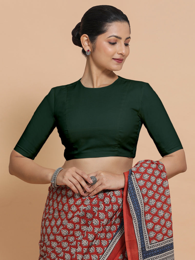 Suhana x Rozaana | Jewel Neck Moss Green Plain Cotton Saree Blouse-Binks